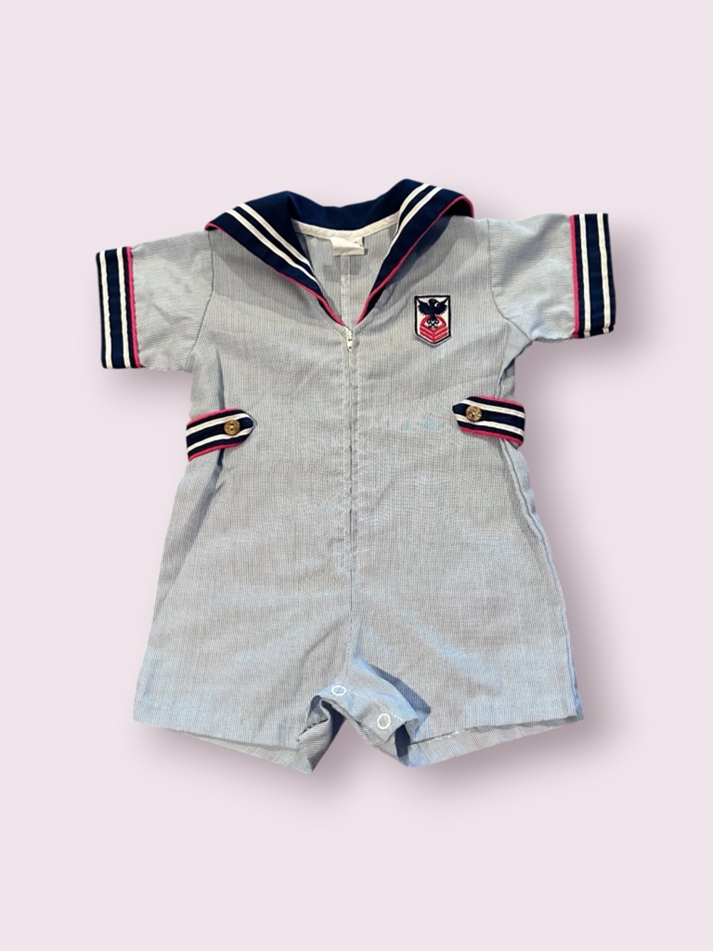 Vintage Sailor-Style Baby Romper in Light Blue with Navy Trim Size 18 Months